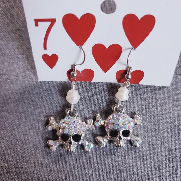 Sugar Skull bling freshwater pearls earrings goth biker halloween earrings - Picture 1 of 3